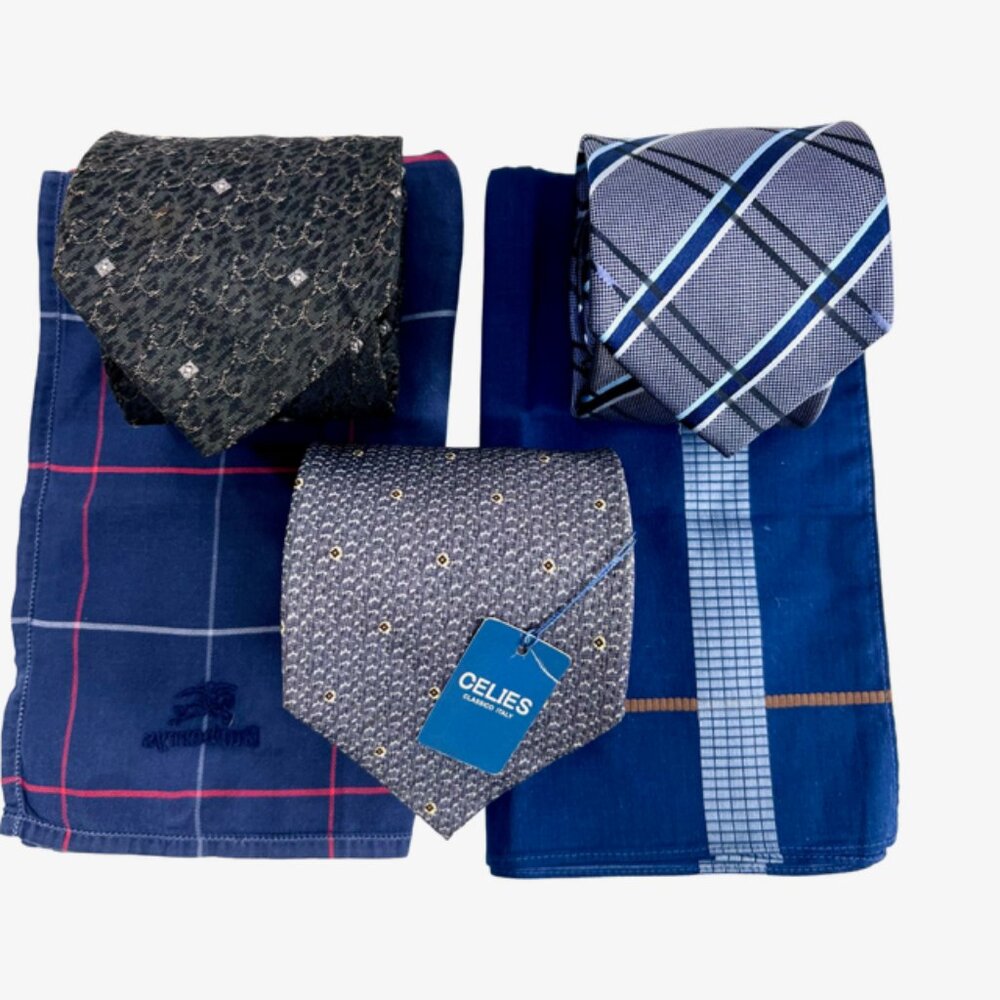 Set: 3 Neckties Christian O.-Carlo B-Celies +2  Burberry  Handkerchief Blue (54)